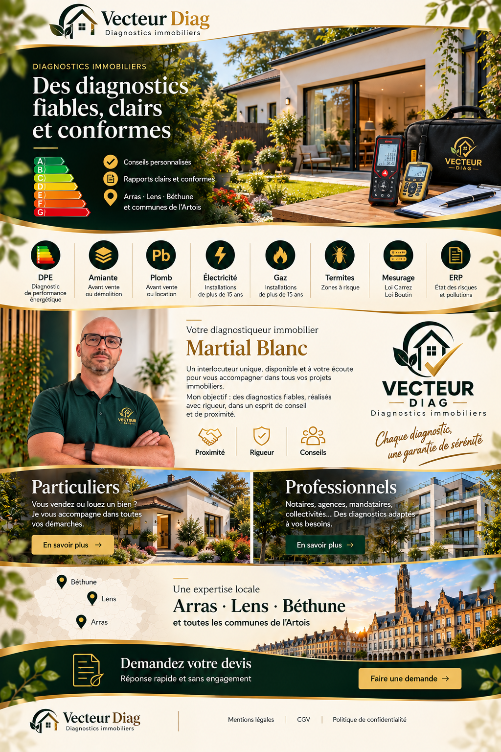 Vecteur Diag : diagnostics fiables, clairs et conformes. DPE, amiante, plomb, électricité, gaz, termites, mesurage et ERP. Martial Blanc intervient à Arras, Lens, Béthune et dans les communes de l’Artois.